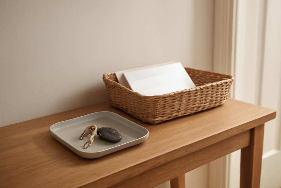 A small tray and basket on a hallway console holding keys and mail