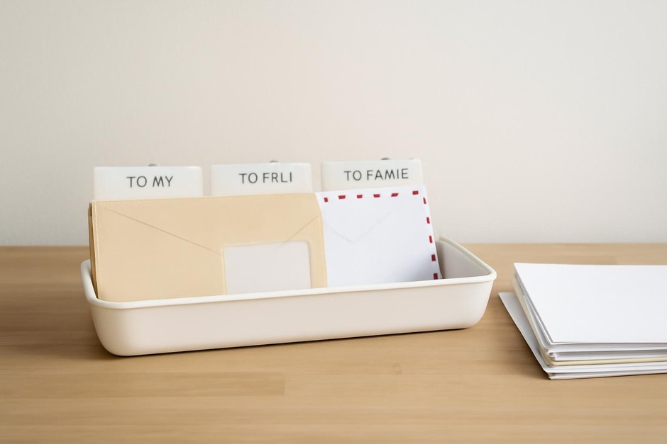 A small tray with sorted envelopes and a neat stack of papers on a table