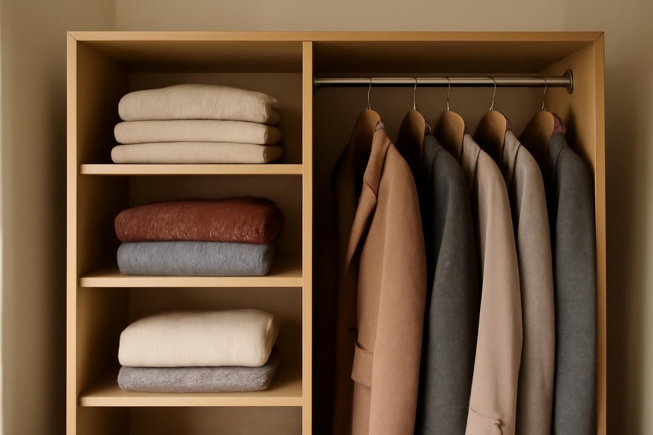 Closet with neatly folded sweaters and hanging coats