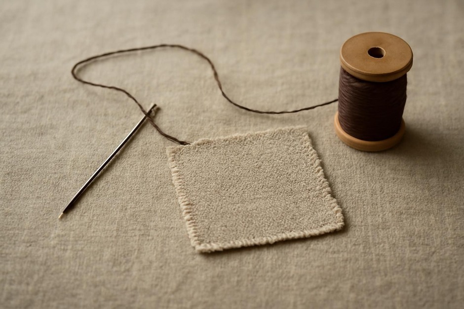 Needle, thread, and a small fabric patch ready for mending
